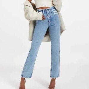 NWT Good American Cotton Good Boy Jeans High Rise Straight Leg Raw Hem 8/29 Blue